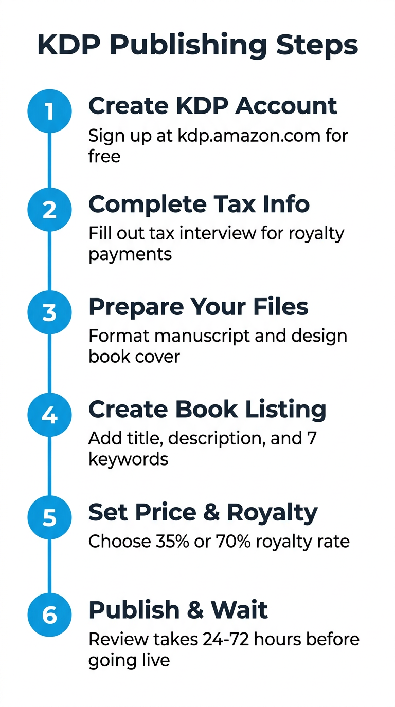 KDP publishing steps: Create account, complete tax info, prepare files, create listing, set price, publish